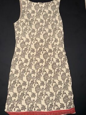 CDC Cream Dress with Gray Floral Motif and Red Hem Accent